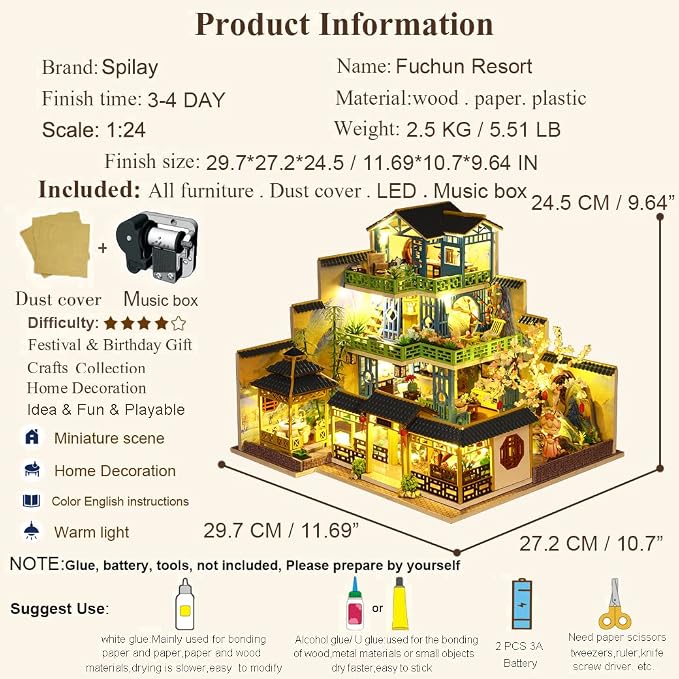 Spilay Dollhouse DIY Miniature Wooden Furniture Kit, Mini Handmade Big Castle - Image 4