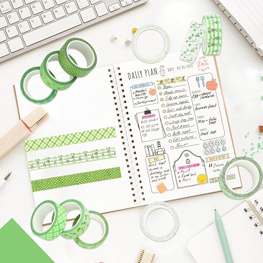 12 Rolls Greenery Washi Tape, Martini Bow Lemon Masking Tape, Checkered Martini - Image 4