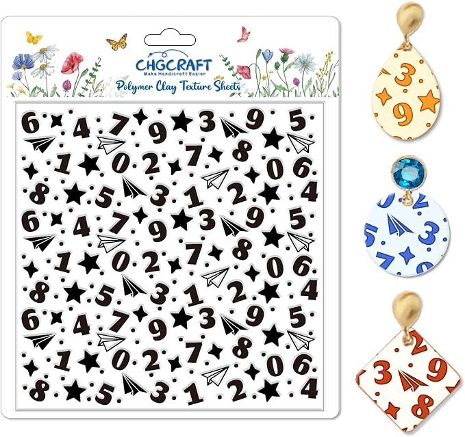 CHGCRAFT Numbers Pattern Polymer Clay Texture Sheet Stars and Paper Airplanes by chgcraft
