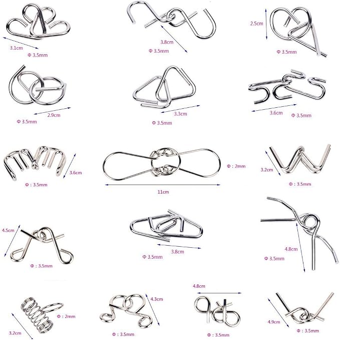 Ahyuan Metal Wire Puzzles Set of 16 Large Thick IQ Test Mind Games Toys Brain - Image 2