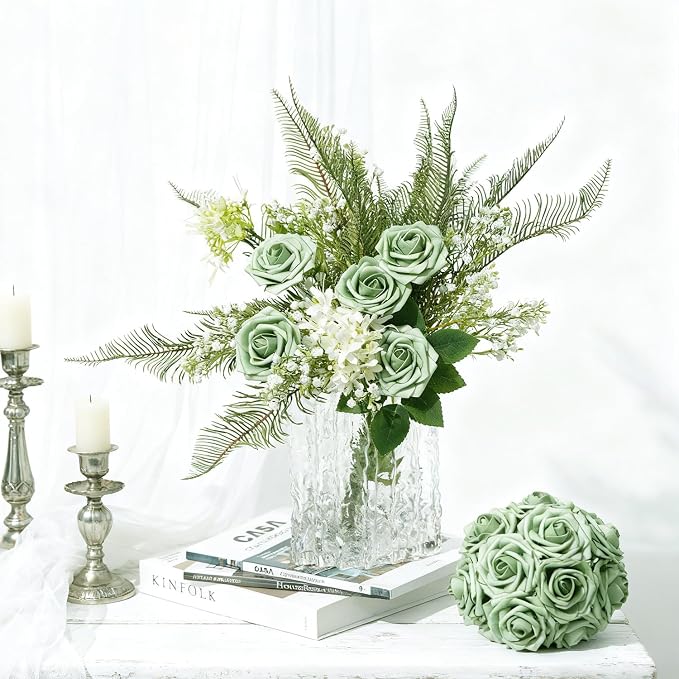 Artificial Flowers Foam Fake Roses 25pcs Green Roses - Image 5