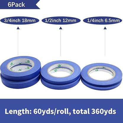 BOMEI PACK 6Pack Blue Painters Masking Tape, 1/4” 1/2” 3/4” X 60yds Multi Size - Image 4