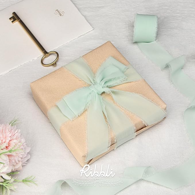 Ribbli Mint Green Chiffon Ribbon 1-1/2 inch x 20 Yard Handmade Fringe Chiffon - Image 2