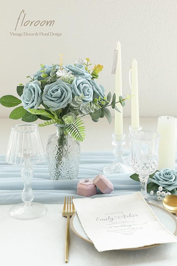 Floroom Artificial Flowers 25pcs Real Looking Dusty Blue Foam Fake Roses - Image 2