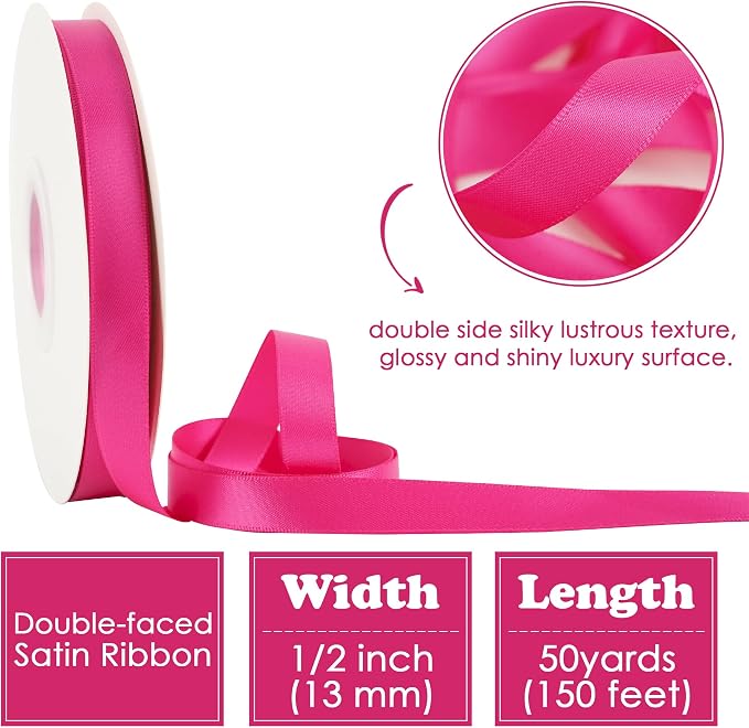 HUIHUANG Hot Pink Satin Ribbon 1/2 inch X 50 Yards Continuous Fuchsia - Image 2