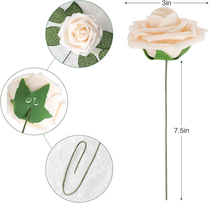 AmyHomie Artificial Flower Champagne Rose 25pcs Real Looking Fake Roses w/Stem - Image 6