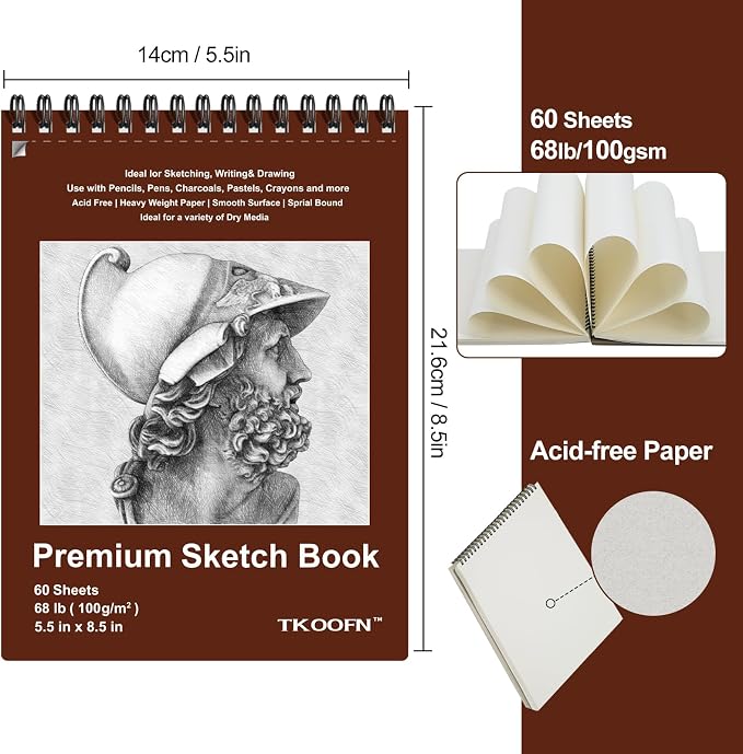 TKOOFN 5.5" x 8.5" Sketch Book, 600 Sheet Top Spiral Bound Premium Sketchbook - Image 2