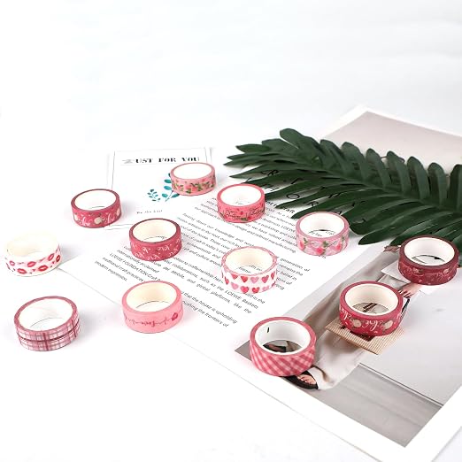 12 Rolls Pink Heart Washi Tape Set, Valentine's Day Love Heart Masking Tape - Image 3