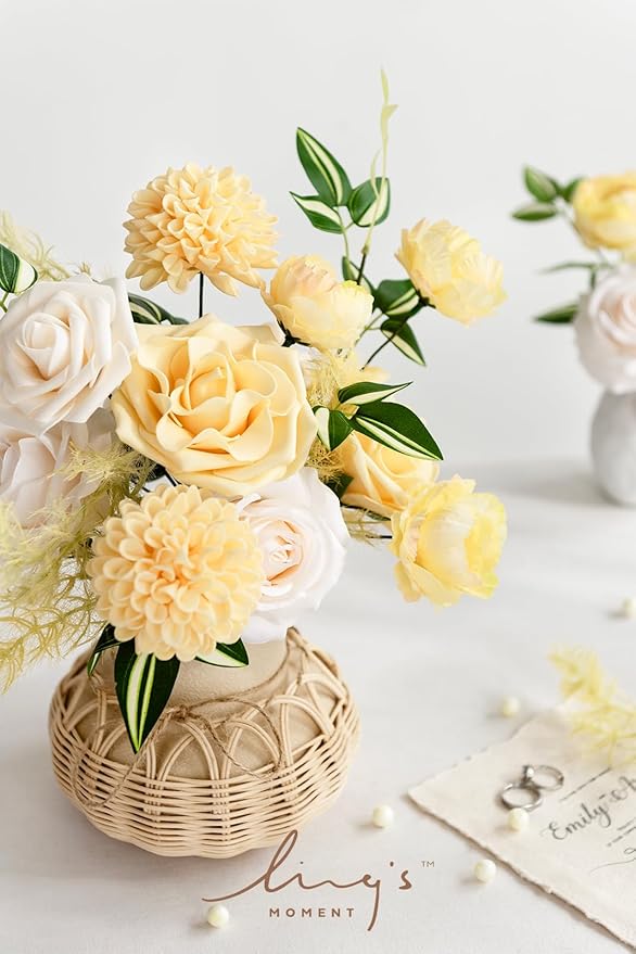 Ling's moment Creamy Yellow Dahlia Foam Artificial Flowers Real Touch Faux Fake - Image 6