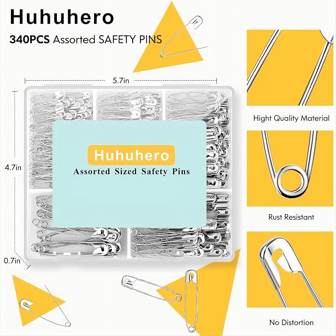Huhuhero 340 Pack Safety Pins Assorted, Small & Large Heavy Duty Safety Pins - Image 3