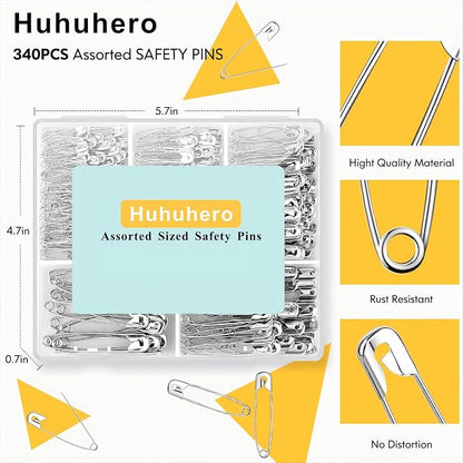 Huhuhero 340 Pack Safety Pins Assorted, Small & Large Heavy Duty Safety Pins - Image 3