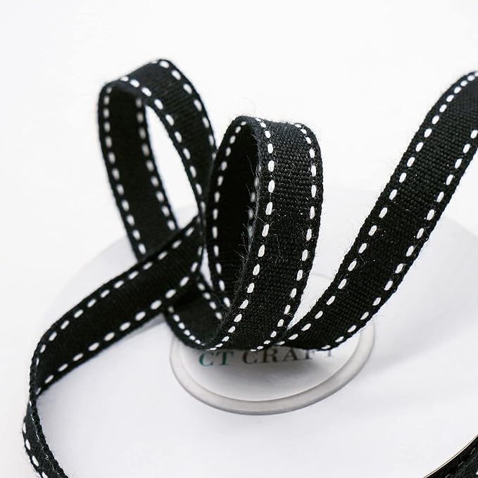 CT CRAFT LLC Black Cotton White Stitched Ribbon 3/8" x 10 Yards - Image 4