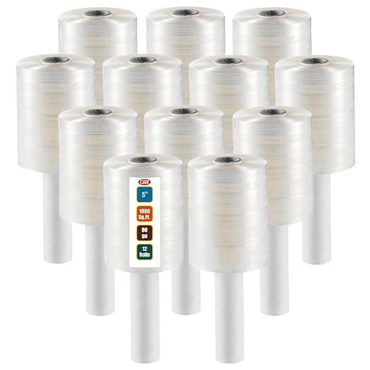 12 Pack Industrial Strength Mini Hand Stretch Wrap 5" 1000 Ft Roll 80 Gauge by SimplyCool