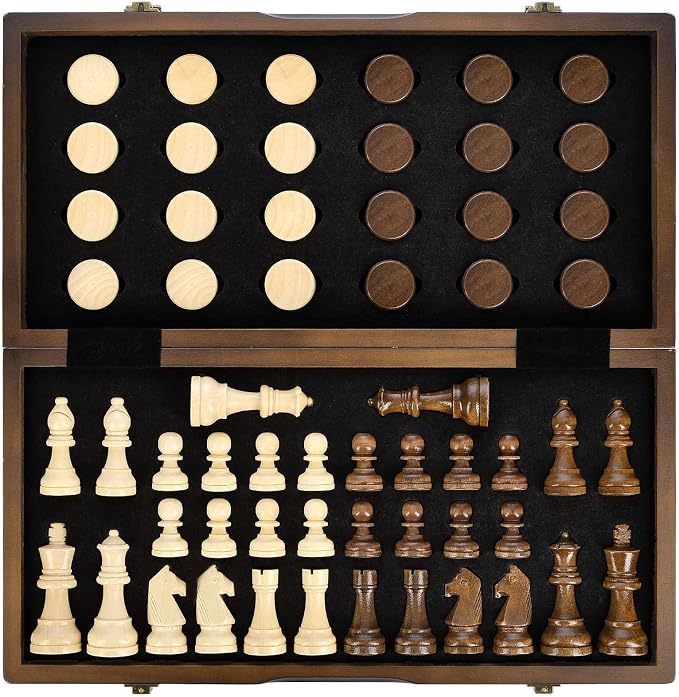 AMEROUS Magnetic Wooden Chess and Checkers Game Set, 15 Inches Chess Board Games by AMEROUS