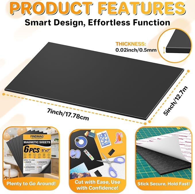 FINDMAG Magnetic Adhesive Sheets, 6 Pack Each 5" x 7" Flexible Magnet Strips - Image 2