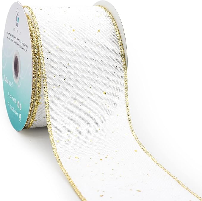 CT CRAFT LLC Whtie Burlap Fabric Confetti Glitter Wired Ribbon 2.5" x 10 Yards by CTCRAFTLLC