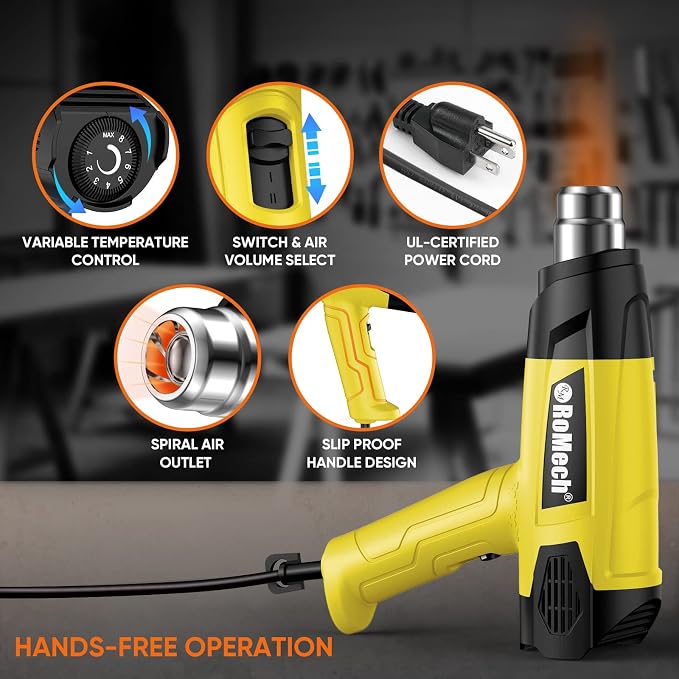ROMECH 1500W Heavy Duty Heat Gun, Variable Temperature Control Hot Air Gun Kit - Image 4