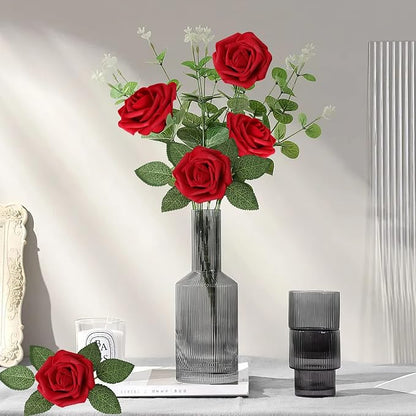 AmyHomie Artificial Flowers Dark Red Rose 50pcs Real Looking Fake Roses w/Stem - Image 5