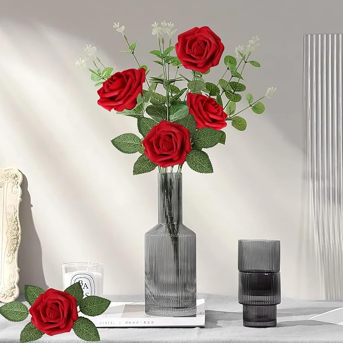 AmyHomie Artificial Flowers Dark Red Rose 100pcs Real Looking Fake Roses w/Stem - Image 3