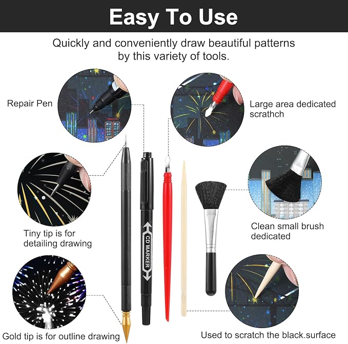 9Pcs Scratch Art Tools Set Including Artist Glove, Tool Bag, Scratch Coloring - Image 4