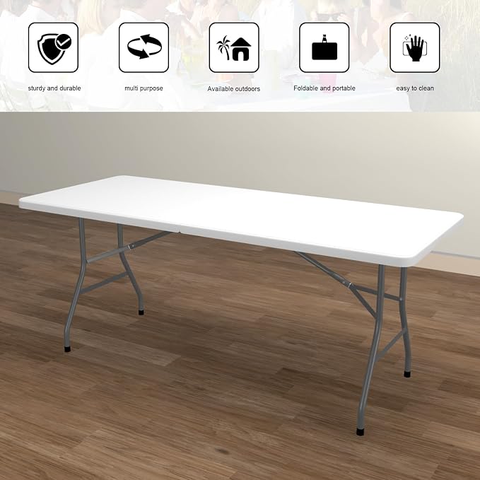 70.8" W X 29" D X 29" H - 6 ft Folding Table White Portable Heavy Duty Plastic - Image 5