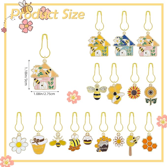 BEEFLYING 16Pcs Bee Honeycomb Stitch Marker Charms, Alloy Enamel Knitting - Image 2