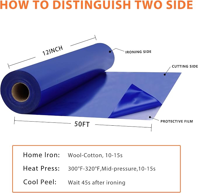 RENLITONG Blue Iron on Vinyl 12Inch by 50ft Roll HTV Heat Transfer Vinyl - Image 3