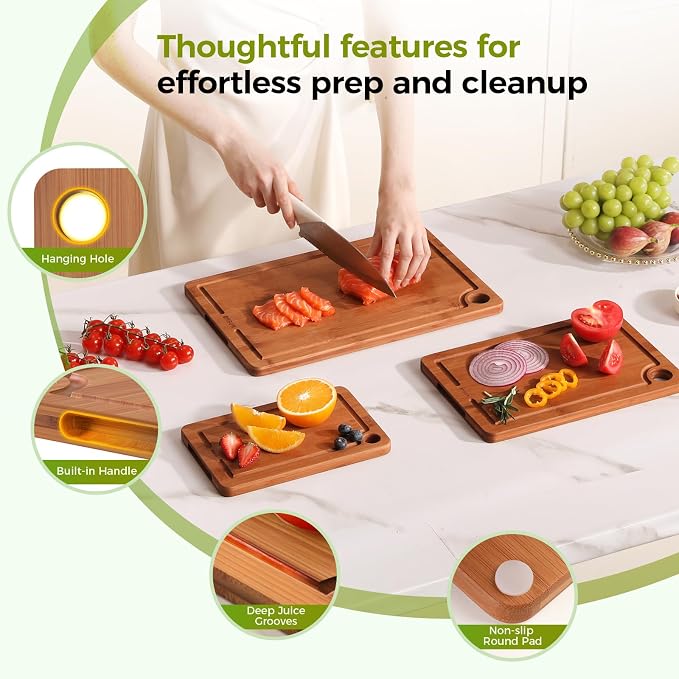 Bamboo Cutting Board for Kitchen, Wooden Cutting Board 3-Piece Set - Image 5