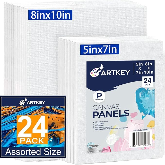 Artkey Canvas Panels 24-Pack 5x7, 8x10 Inch, 10 oz Primed 100% Cotton Paint by Artkey