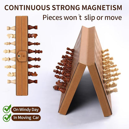 15" Magnetic Chess Set & Checkers Set 2 in 1，Rinten Leather Portable Travel - Image 4