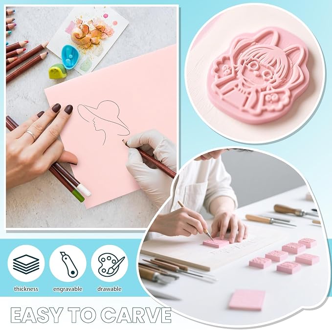 6 Pack 8''x10'' Pink Rubber Stamp Carving Blocks Soft Carving Blocks - Image 4