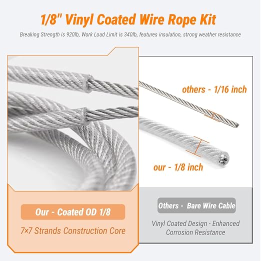 250FT 1/8" Wire Rope Kit, Vinyl Coated 304 Stainless Steel Wire Cable, 7x7 - Image 2