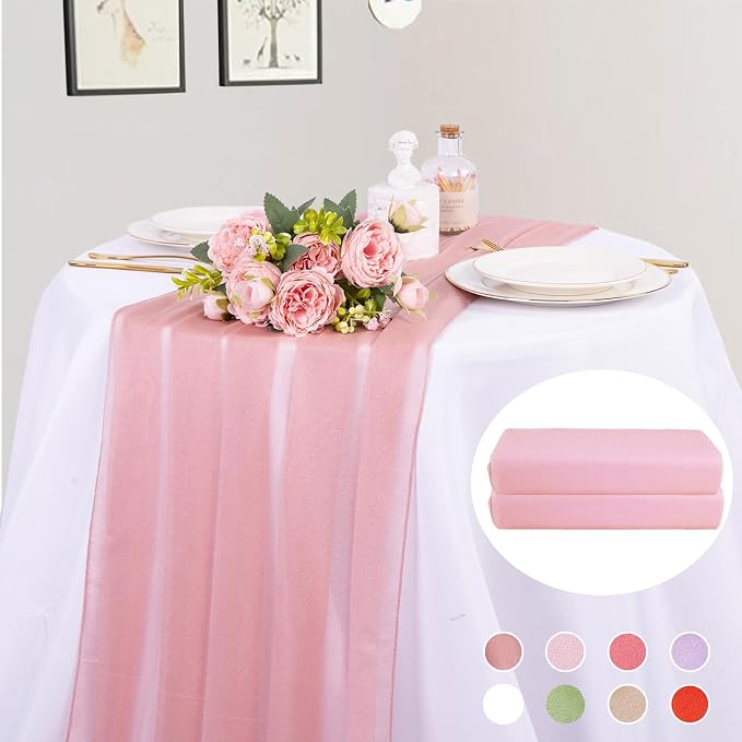 2 Packs 10ft Dusty Rose Chiffon Table Runner 30 x 120 Inches Sheer Romantic by RUIYOK