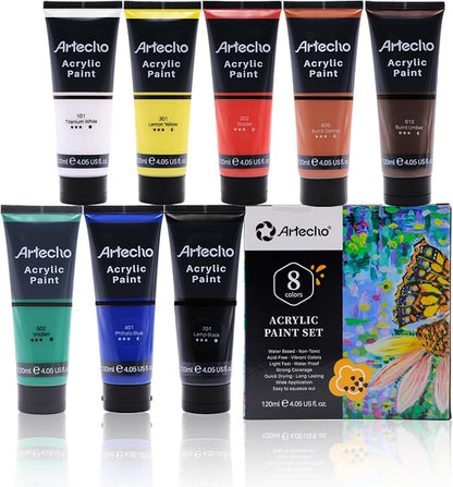 Artecho Professional Acrylic Paint Set, 8 Primary Colors Tubes, Art Craft Paints by Artecho