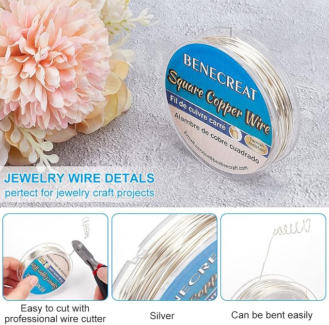 BENECREAT 32.81 Feet 24 Gauge Silver Square Copper Wire, Craft Copper Wire - Image 4