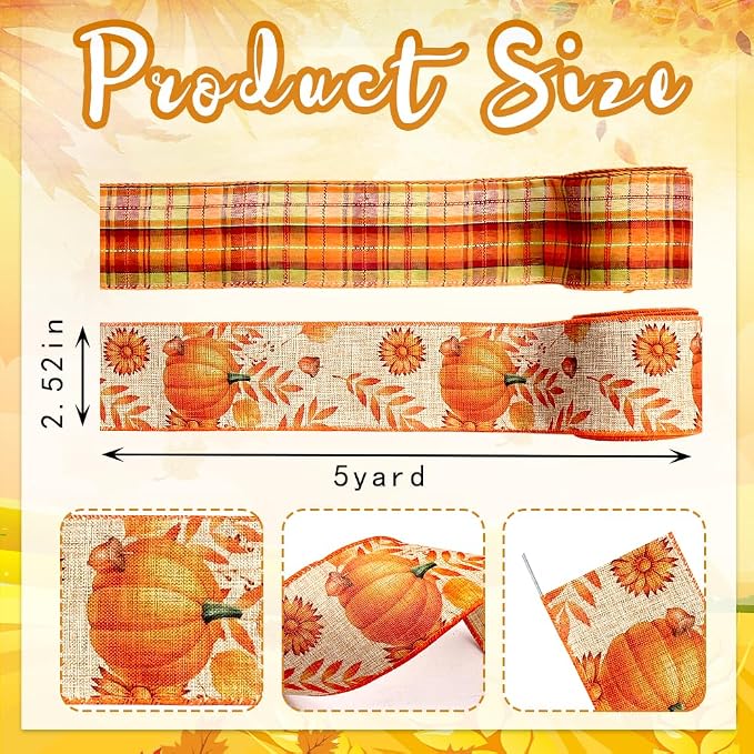 Threetols 2 Rolls 10 Yards Fall Wired Edge Ribbons, 2.5inch Orange Plaid Burlap - Image 2