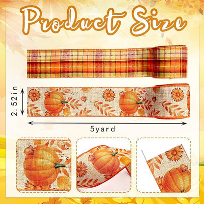 Threetols 2 Rolls 10 Yards Fall Wired Edge Ribbons, 2.5inch Orange Plaid Burlap - Image 2