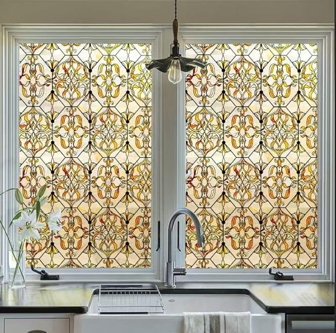 3D Stained Glass Window Privacy Film, Heat Control UV Blocking Static Cling by OHTMERU