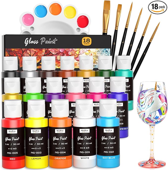 Nicpro 18 Colors Stained Glass Paint Set, 1oz / 30ml Waterproof Acrylic Enamel by Nicpro