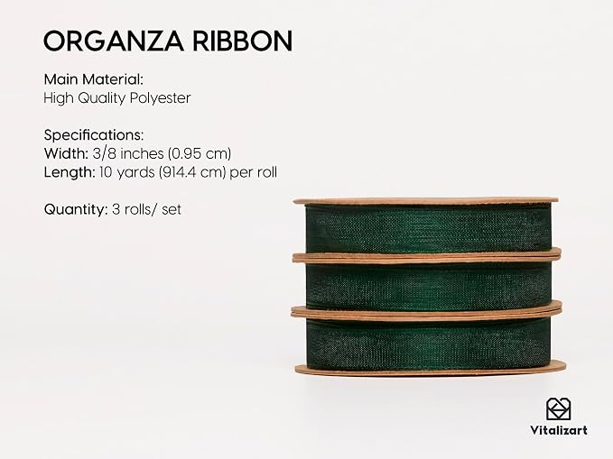 Vitalizart 3/8" x 30Yd Organza Ribbon Christmas Green Sheer Ribbons Set 10 Yd x - Image 2