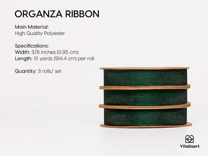 Vitalizart 3/8" x 30Yd Organza Ribbon Christmas Green Sheer Ribbons Set 10 Yd x - Image 2