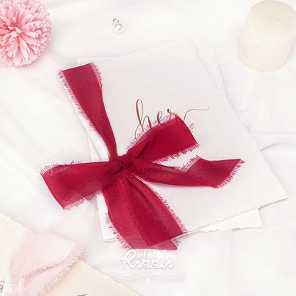 Ribbli Dark Red Chiffon Ribbon 1-1/2 inch x 20 Yard Handmade Fringe Chiffon - Image 3