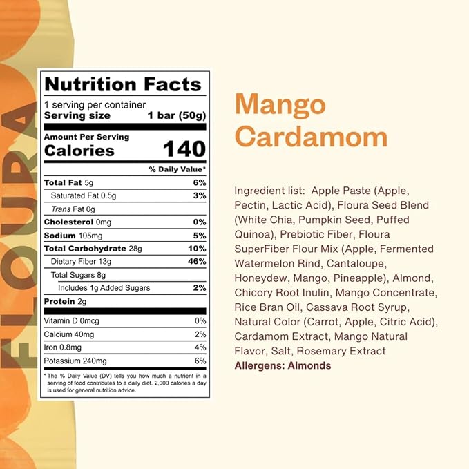 Floura Mango Cardamom Fruit-Forward Fiber Bars– High Fiber, Gluten & Dairy Free - Image 2