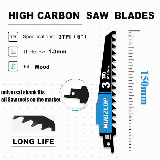 3 Pack 6 inch Reciprocating Saw Blades Set， 3 TPI High Carbon Saw Blades - Image 2