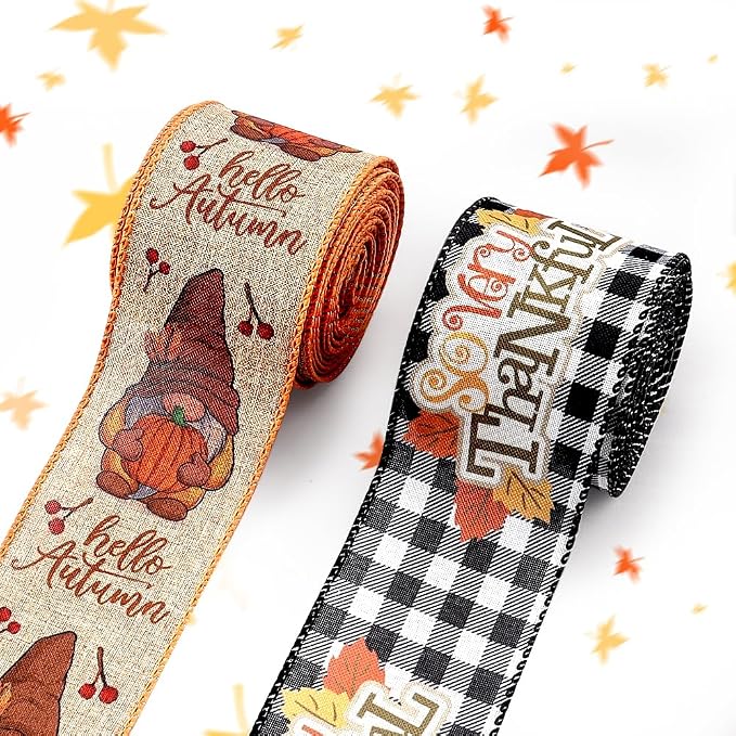 Threetols 2 Rolls 10 Yards Fall Wired Edge Ribbons, 2.5inch Black White Plaid by Threetols