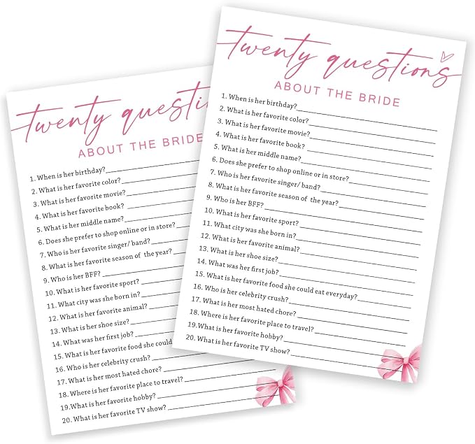 Wedding Shower Games Cards, Twenty Questions About The Bride, Bridal Shower by Wybgno