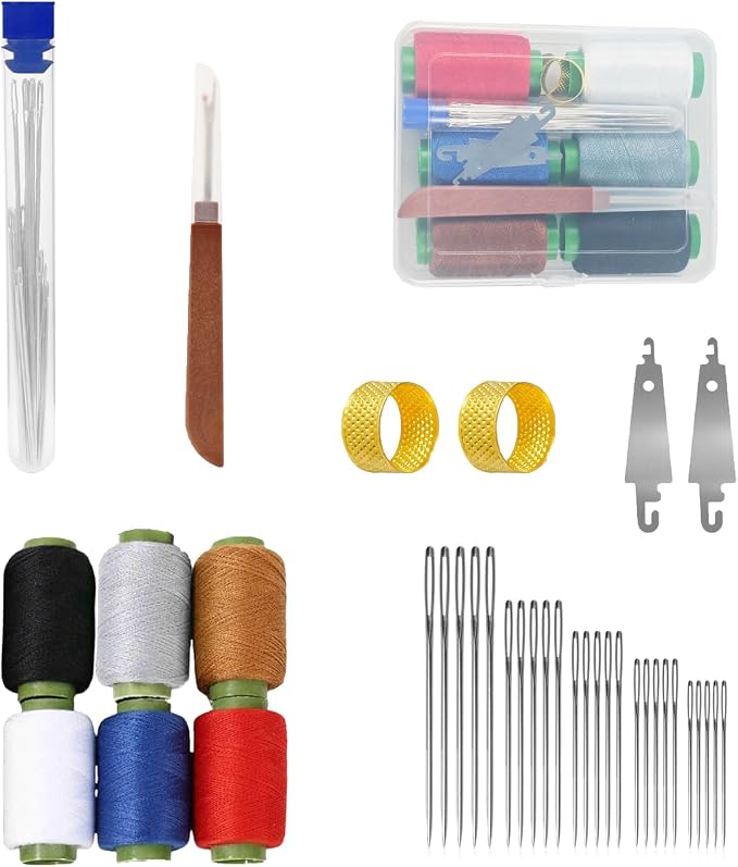 Big Eye Steel Sewing Needles Kit, Thread Ripper, Threaders and 6 Color Threads by REDVOIU
