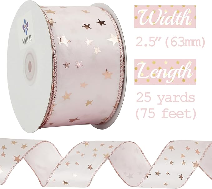 MEEDEE Rose Gold Star Satin Wired Ribbon - Image 2