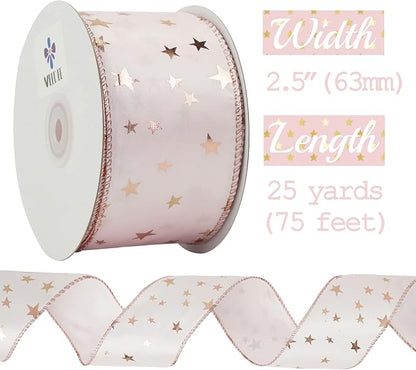 MEEDEE Rose Gold Star Satin Wired Ribbon - Image 2