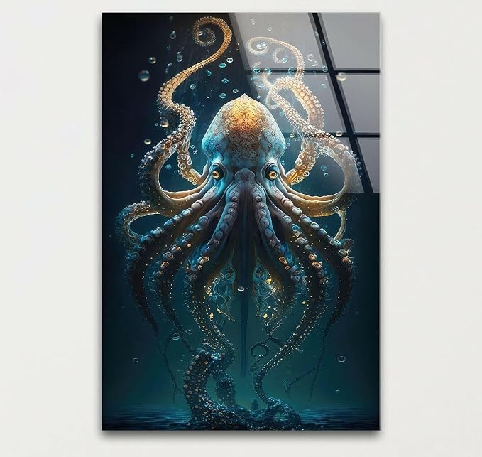 My Photostation.com 40WX60H'' Underwater Blue Octopus Glass Wall Art Tempered - Image 2
